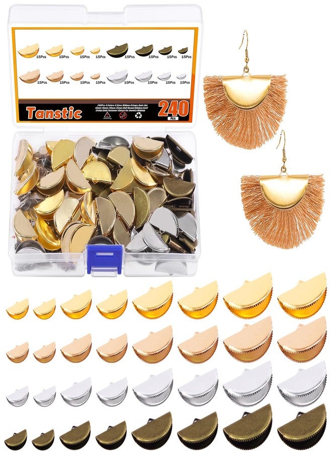 Tanstic 240Pcs 4 Colors 4 Sizes Pinch Crimp Ends Kit, Half Round Ribbon Ends Crimps Ribbon Clamp Ends Bookmark Pinch Crimp Cord Ends Leather Crimp Ends Fastener Clasps for Jewelry Making - Image 1