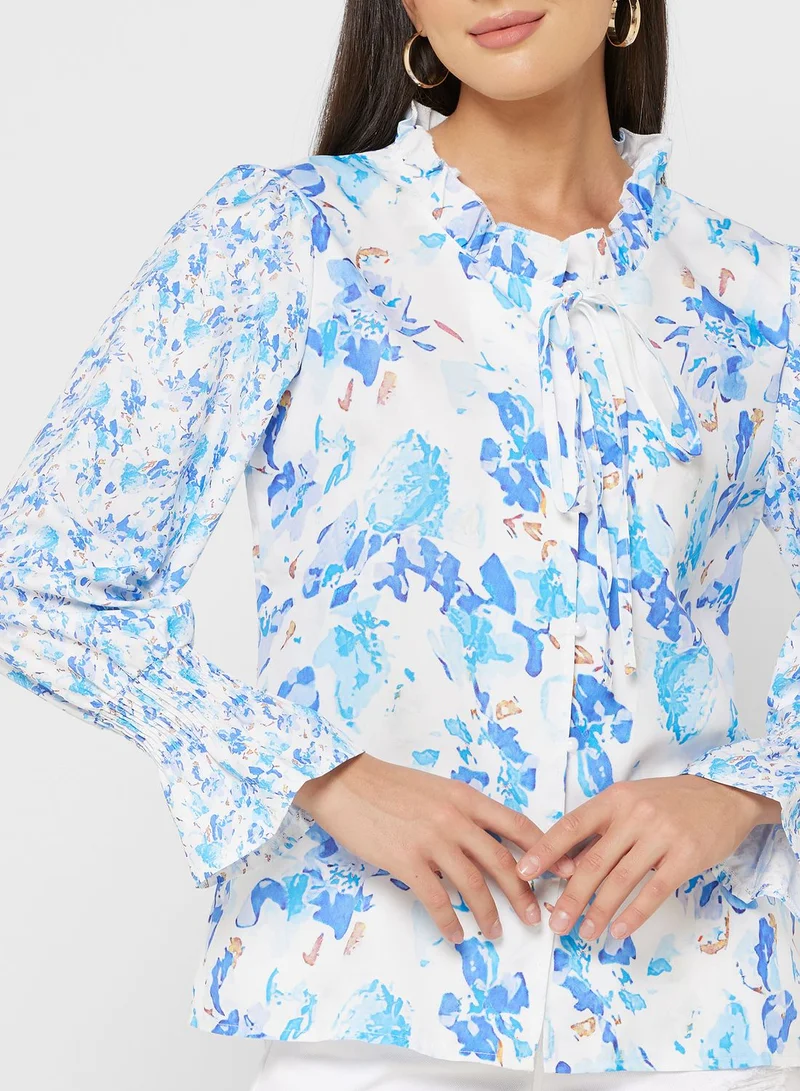 ELLA Cuff Sleeve Tie Neck Detail Blouse