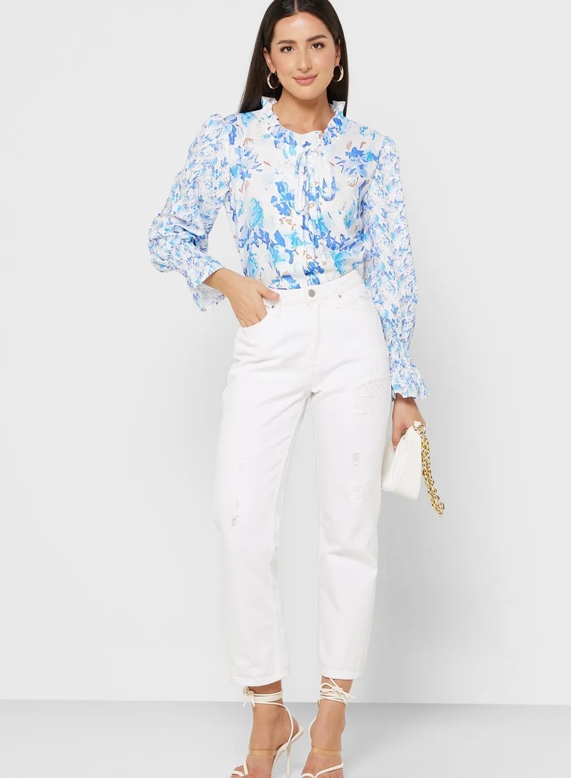 ELLA Cuff Sleeve Tie Neck Detail Blouse