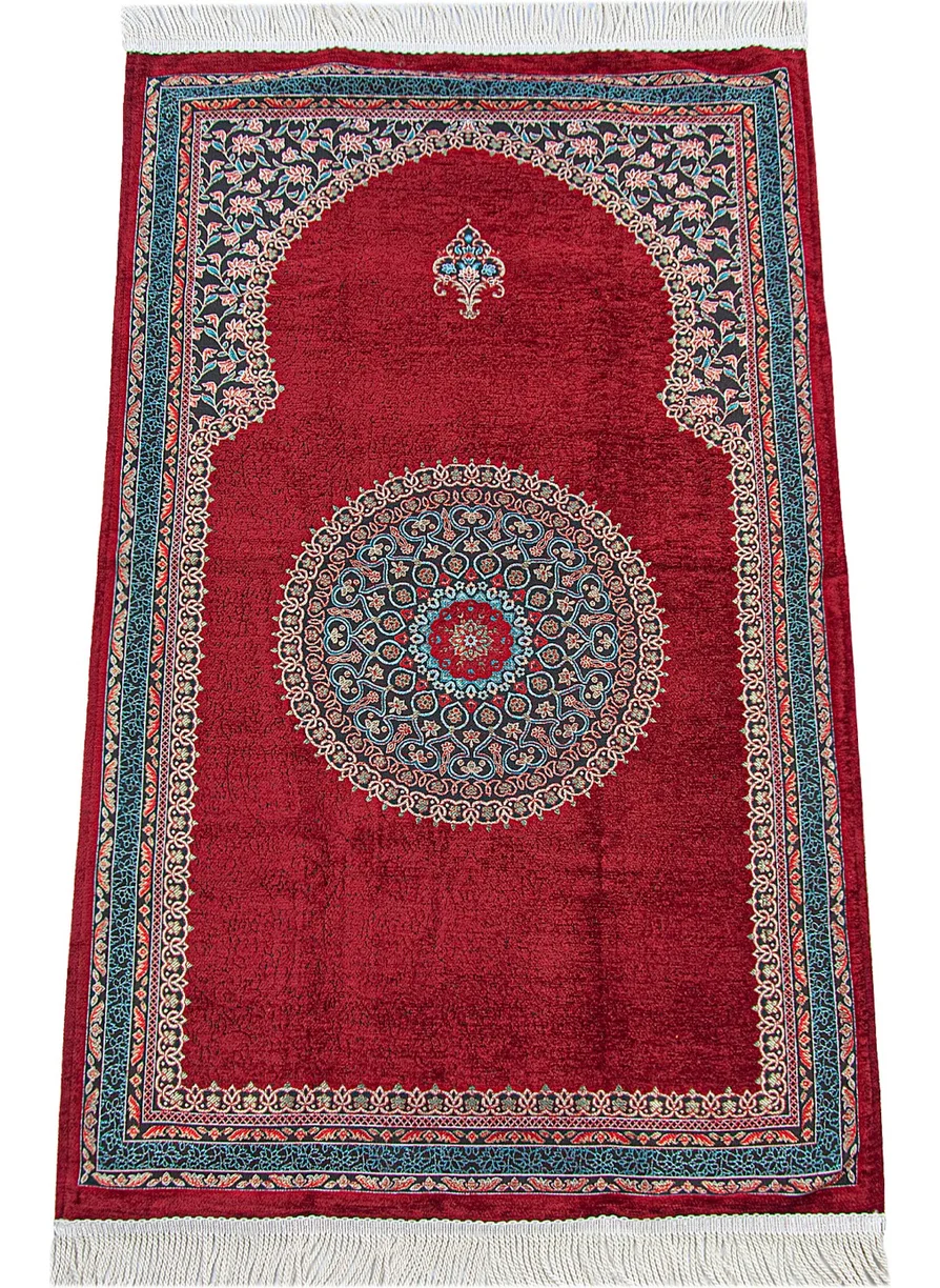 İhvan Online Claret Red Traditional Motif Knitted Fringed Mihrab Lined Chenille Prayer Rug