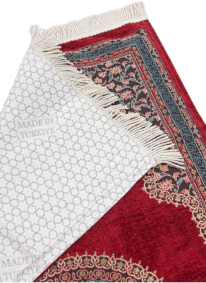 İhvan Online Claret Red Traditional Motif Knitted Fringed Mihrab Lined Chenille Prayer Rug