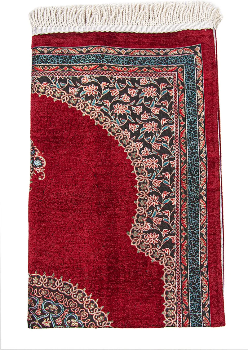 İhvan Online Claret Red Traditional Motif Knitted Fringed Mihrab Lined Chenille Prayer Rug