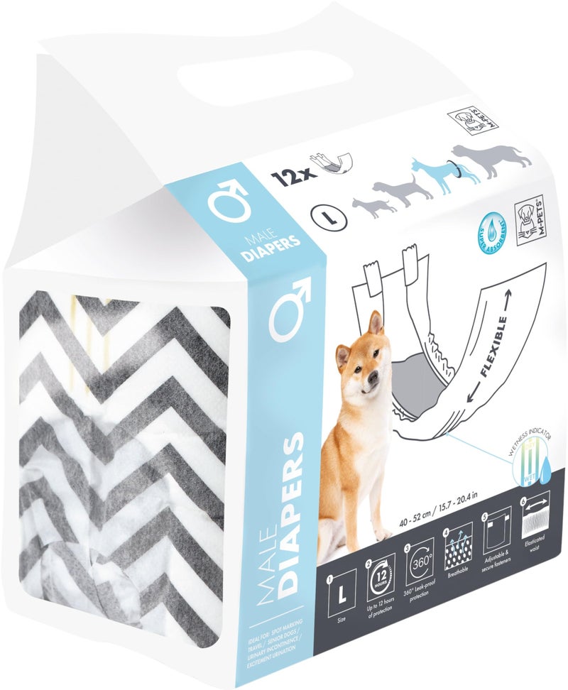M-PETS Male Disposable Dog Diapers, Ultra Absorbent with Wetness Indicator, 12 Hour Protection, Adjustable Fasteners, Travel, Excitable Urination & Incontinence, Waist: 20-65 cm, Large (Pack of 12) - Image 1