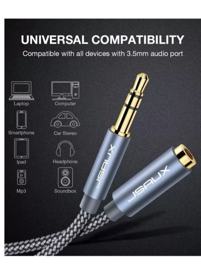 JSAUX Audio extension - 3.5mm Jack (Male-Female) Cable [Grey, 2m] - Image 2