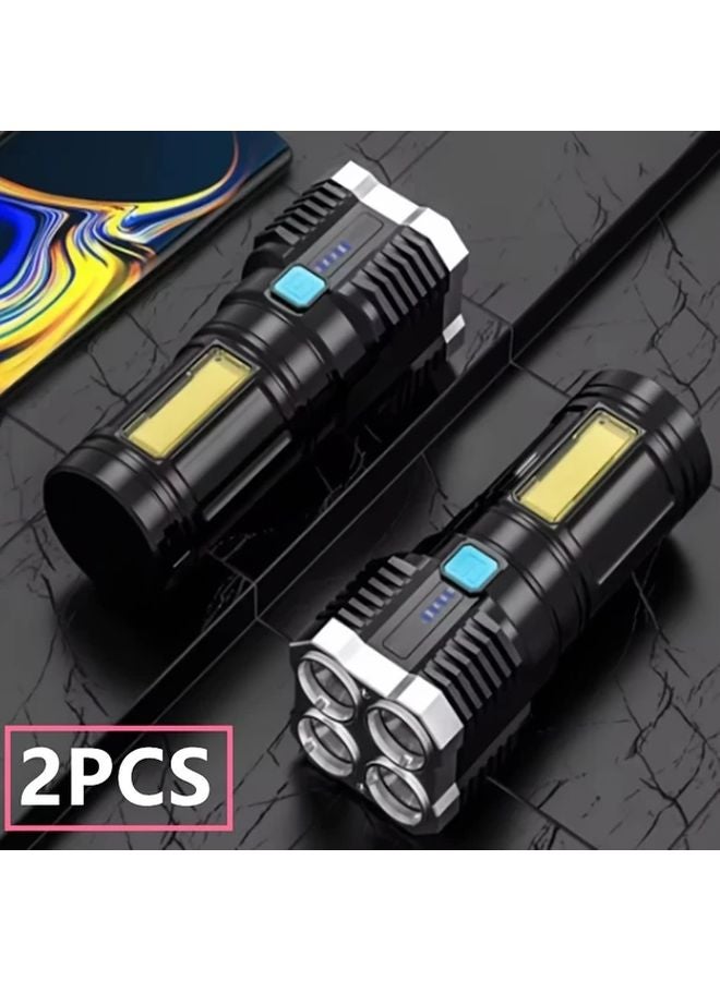 2pcs Black USB Rechargeable LED Flashlight Portable Camping Hiking Emergency Light - Image 2