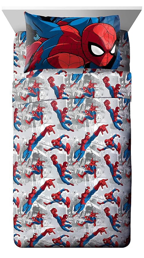 Jay Franco Marvel Spiderman Burst Full Sheet Set  4 Piece Set Super Soft and Cozy Kids Bedding  Fade Resistant Microfiber Sheets Official Marvel Product