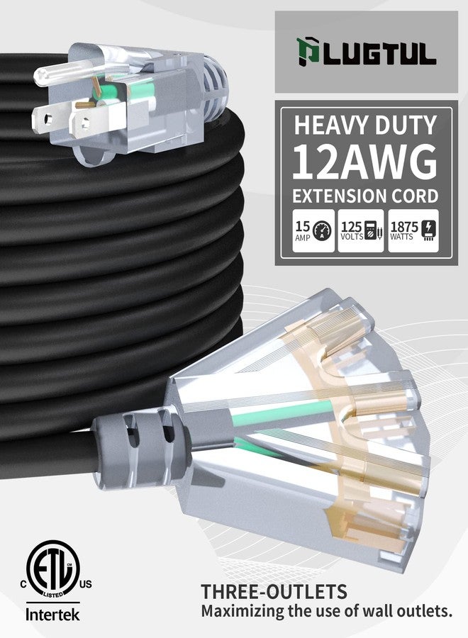 PLUGTUL 25Ft 12/3 Outdoor Extension Cord with 3-Outlets, Heavy Duty 12 Gauge 3 Prong Extension Cord Waterproof with Lighted end, 15A 12AWG 1875W SJTW, ETL Listed - Great for Garage, Garden and Home, Black - Image 2