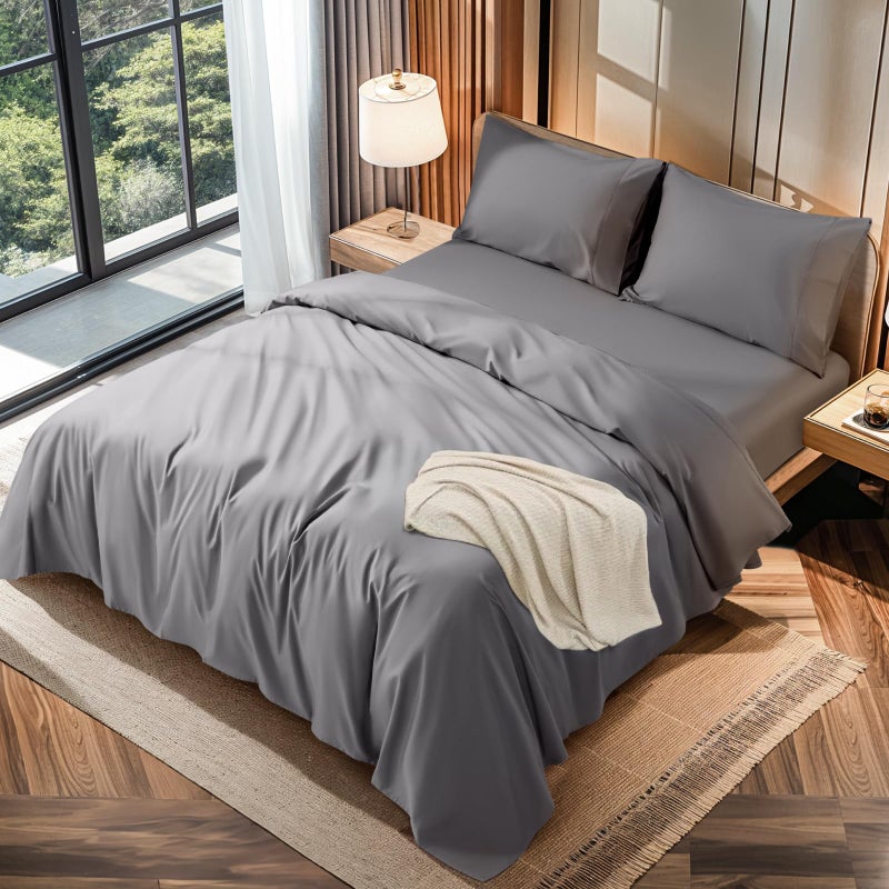 LBRO2M LBRO2M 100% Cotton 1200 Thread Count Queen Size Sheets Set 16 inches Deep Pocket Bed Sheet 4 Piece Sets (Grey  Queen)  - Image 1