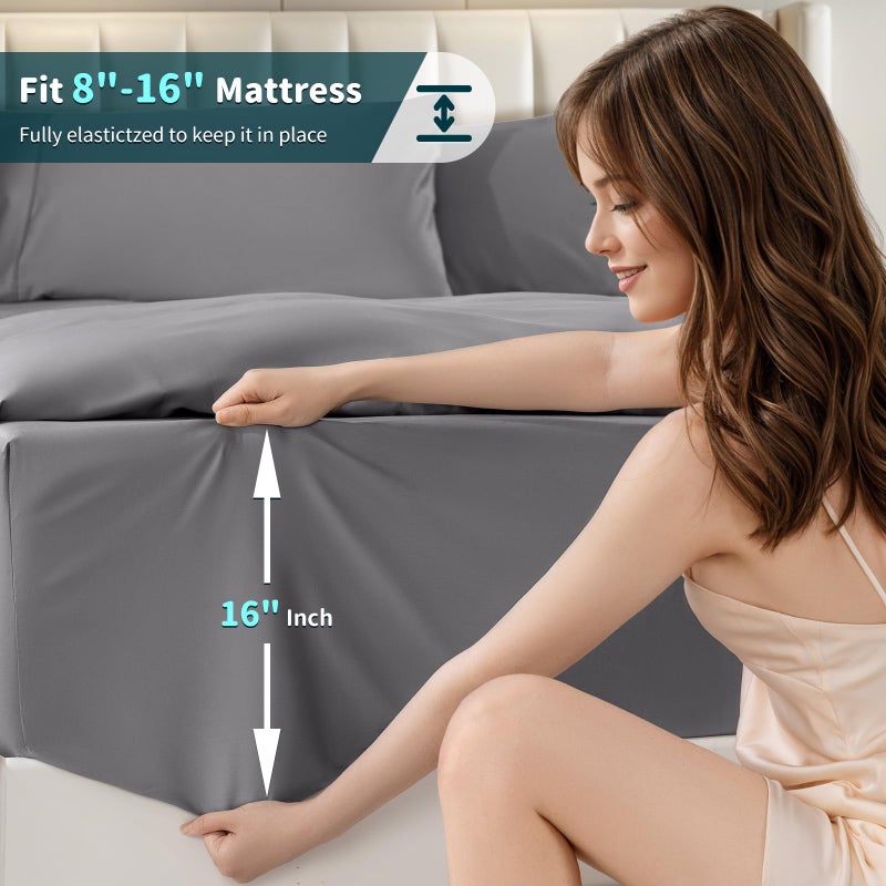LBRO2M LBRO2M 100% Cotton 1200 Thread Count Queen Size Sheets Set 16 inches Deep Pocket Bed Sheet 4 Piece Sets (Grey  Queen)  - Image 5