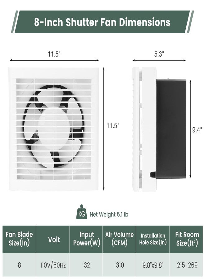 Fanspex 8" Shutter Exhaust Fan, 310CFM Window or Wall Mount Ventilation Fan for Greenhouse, Attic, Garage, Bathroom, Kitchen - Image 2