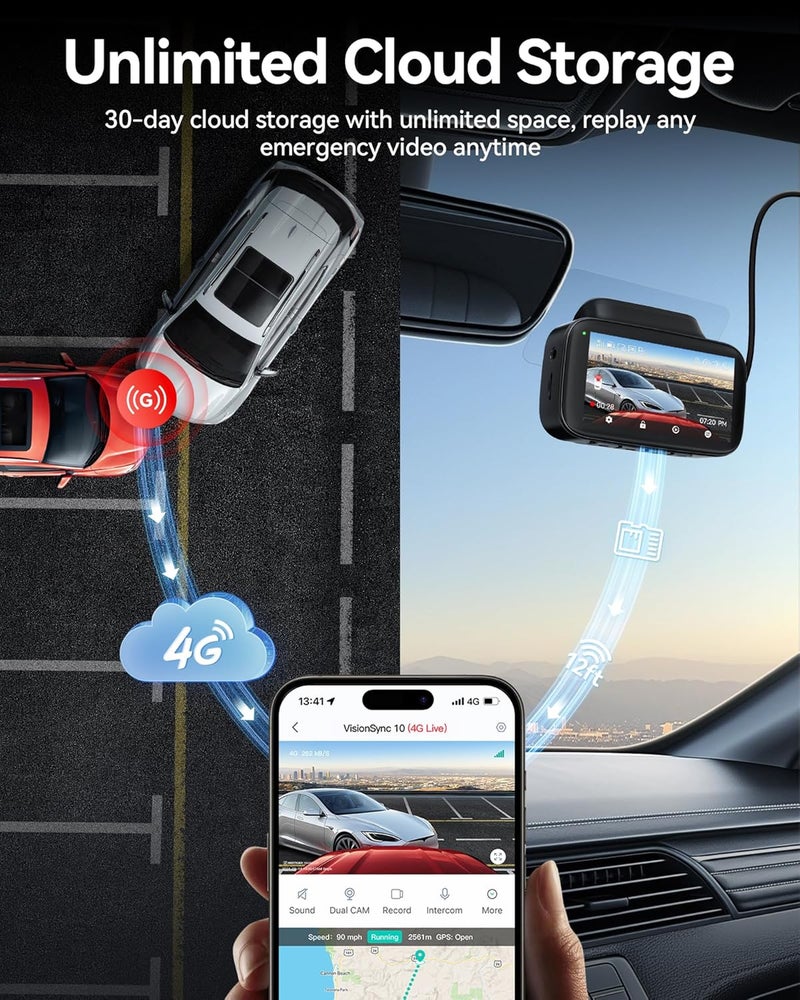 REDTIGER 4G LTE Dash Cam Front and RearRemote Live Stream 30Day Cloud Storage 25K 1080P Emergency Alert GPS Builtin SIM ATT Parking Monitor 32GB Card Hardwire Kit Included VS10 - Image 5