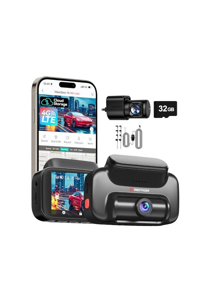 REDTIGER 4G LTE Dash Cam Front and RearRemote Live Stream 30Day Cloud Storage 25K 1080P Emergency Alert GPS Builtin SIM ATT Parking Monitor 32GB Card Hardwire Kit Included VS10 - Image 1