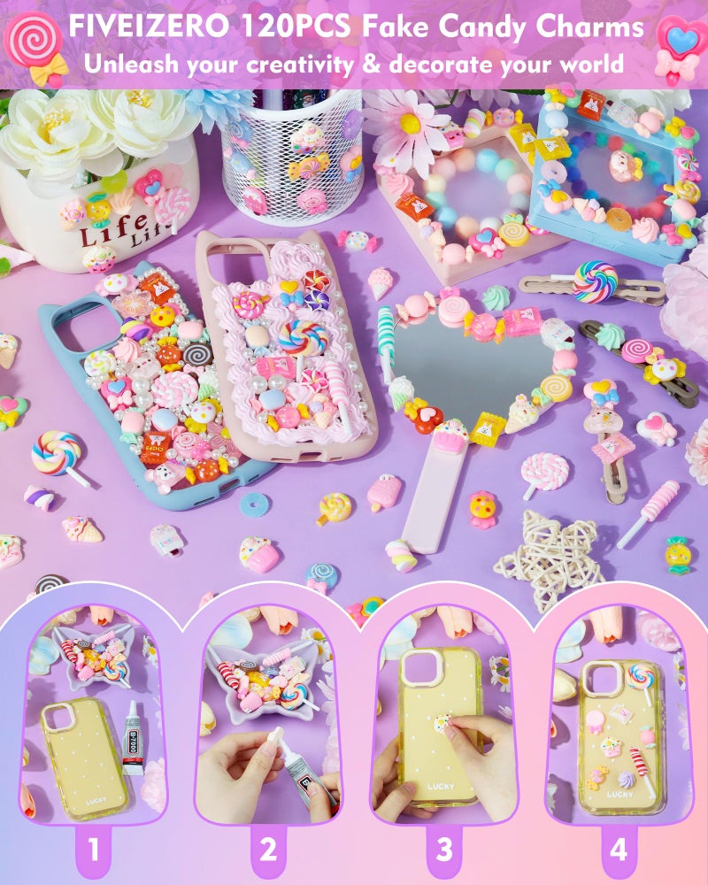 FIVEIZERO 120Pcs FIVEIZERO Cute Candy Slime Charms Bulk, Kawaii Flatback Resin Fake Candy Charms, Random Decoden Charm for Crafts, Embellishments Phone Junk Cases, Hairpins, Scrapbooking Crafting & DIY Decor - Image 5