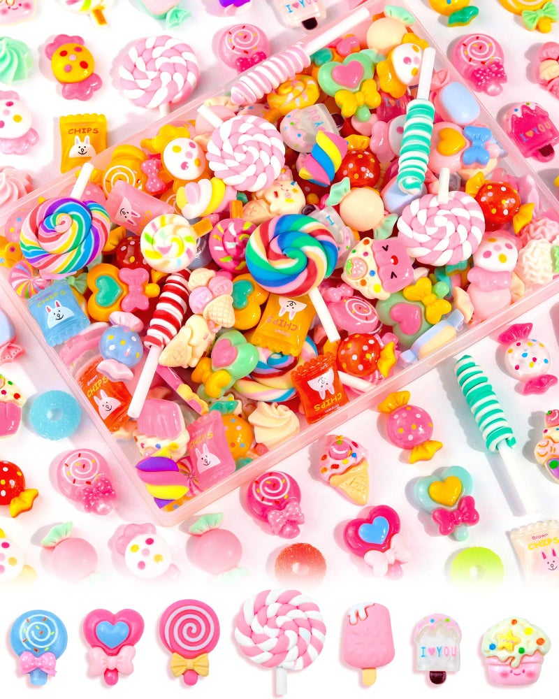 FIVEIZERO 120Pcs FIVEIZERO Cute Candy Slime Charms Bulk, Kawaii Flatback Resin Fake Candy Charms, Random Decoden Charm for Crafts, Embellishments Phone Junk Cases, Hairpins, Scrapbooking Crafting & DIY Decor - Image 1
