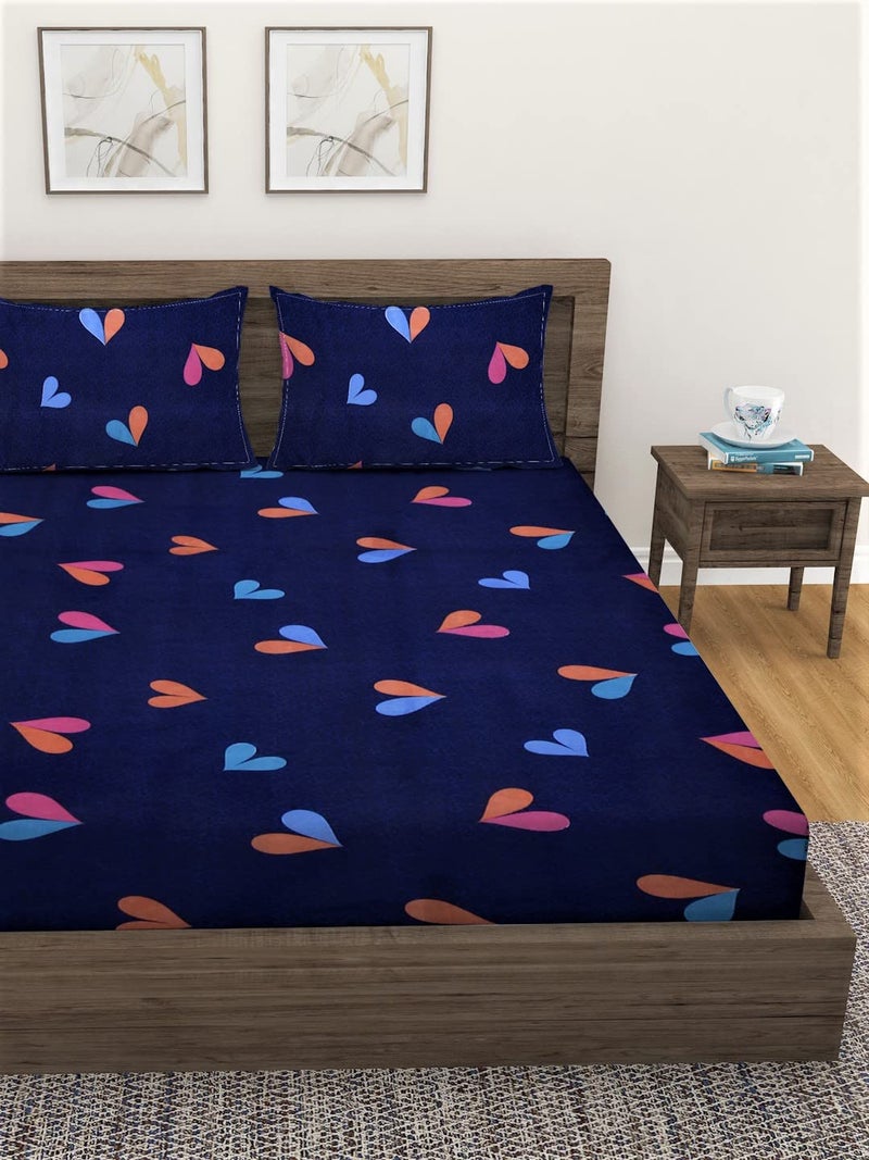 Fashion String 144 TC Microfibre Little Heart's Navy Blue Double Bedsheet with 2 Pillow Covers - Image 2