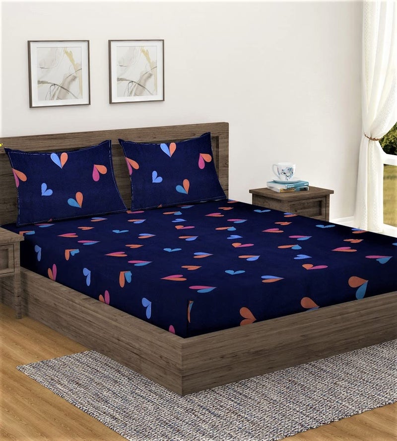 Fashion String 144 TC Microfibre Little Heart's Navy Blue Double Bedsheet with 2 Pillow Covers - Image 1