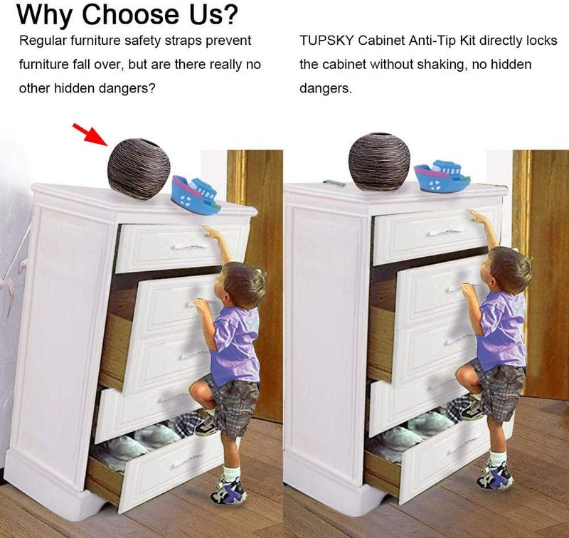 TUPSKY Cabinet Anti Tip Kit TUPSKY Furniture Anchors Wall Stainless Steel Baby Proofing Bookshelf Falling Prevention Device for Children 2 Pair - Image 2
