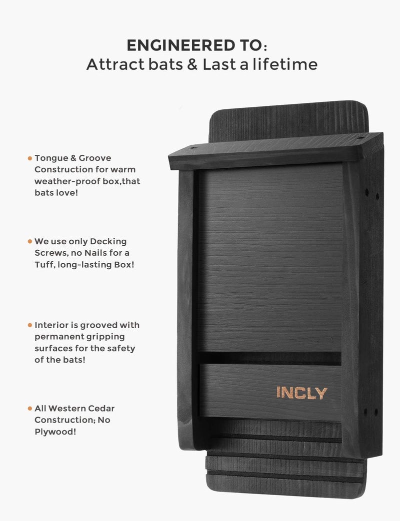 INCLY Small Bat House Kit for Outdoors 14.6"x6.7"x2.2" Shelter Box Roosting Single Chamber Black Natural Cedar Wood, Pre-Finished Easy to Install - Image 2
