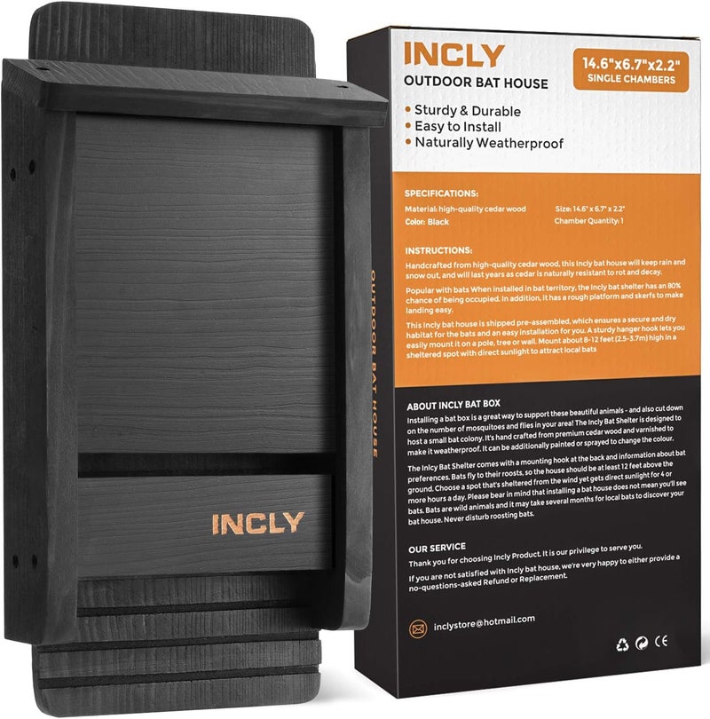 INCLY Small Bat House Kit for Outdoors 14.6"x6.7"x2.2" Shelter Box Roosting Single Chamber Black Natural Cedar Wood, Pre-Finished Easy to Install - Image 1