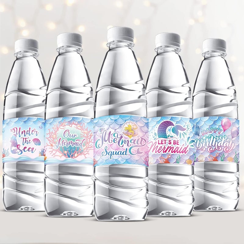 كلاراكو 39 قطعة من ملصقات زجاجات المياه على شكل حورية البحر لحفلات أعياد الميلاد، أغلفة زجاجات المياه على شكل حورية البحر مقاومة للماء تحت البحر، ملصقات زجاجات مياه حورية البحر، ديكور حفلات أعياد الميلاد بموضوع حورية البحر في المحيط - Image 1