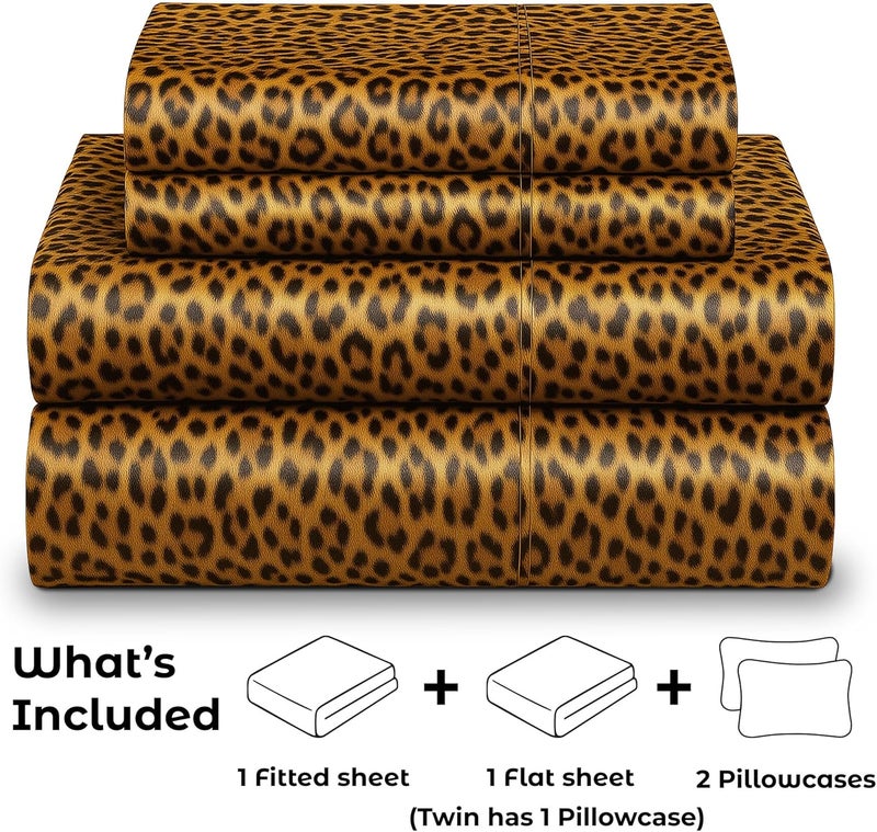 Pure Bedding Satin Sheets King [4-Piece, Gold Leopard] Hotel Luxury Silky Bed Sheets - Extra Soft 1800 Microfiber Sheet Set, Wrinkle, Fade, Stain Resistant - Deep Pocket Fitted Sheet, Flat Sheet, Pillow Cases - Image 4