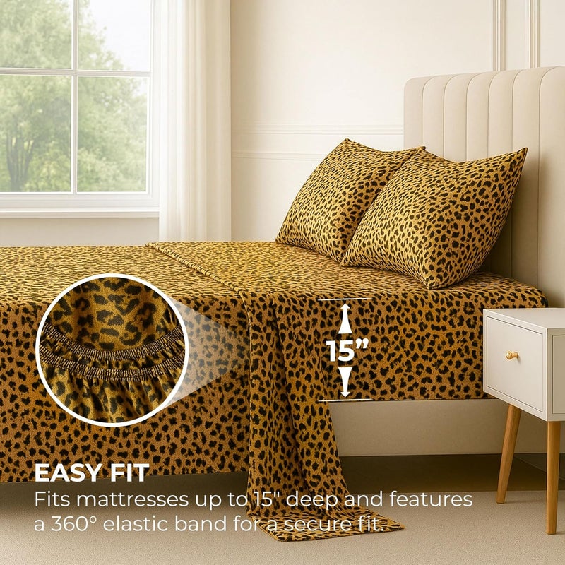 Pure Bedding Satin Sheets King [4-Piece, Gold Leopard] Hotel Luxury Silky Bed Sheets - Extra Soft 1800 Microfiber Sheet Set, Wrinkle, Fade, Stain Resistant - Deep Pocket Fitted Sheet, Flat Sheet, Pillow Cases - Image 3