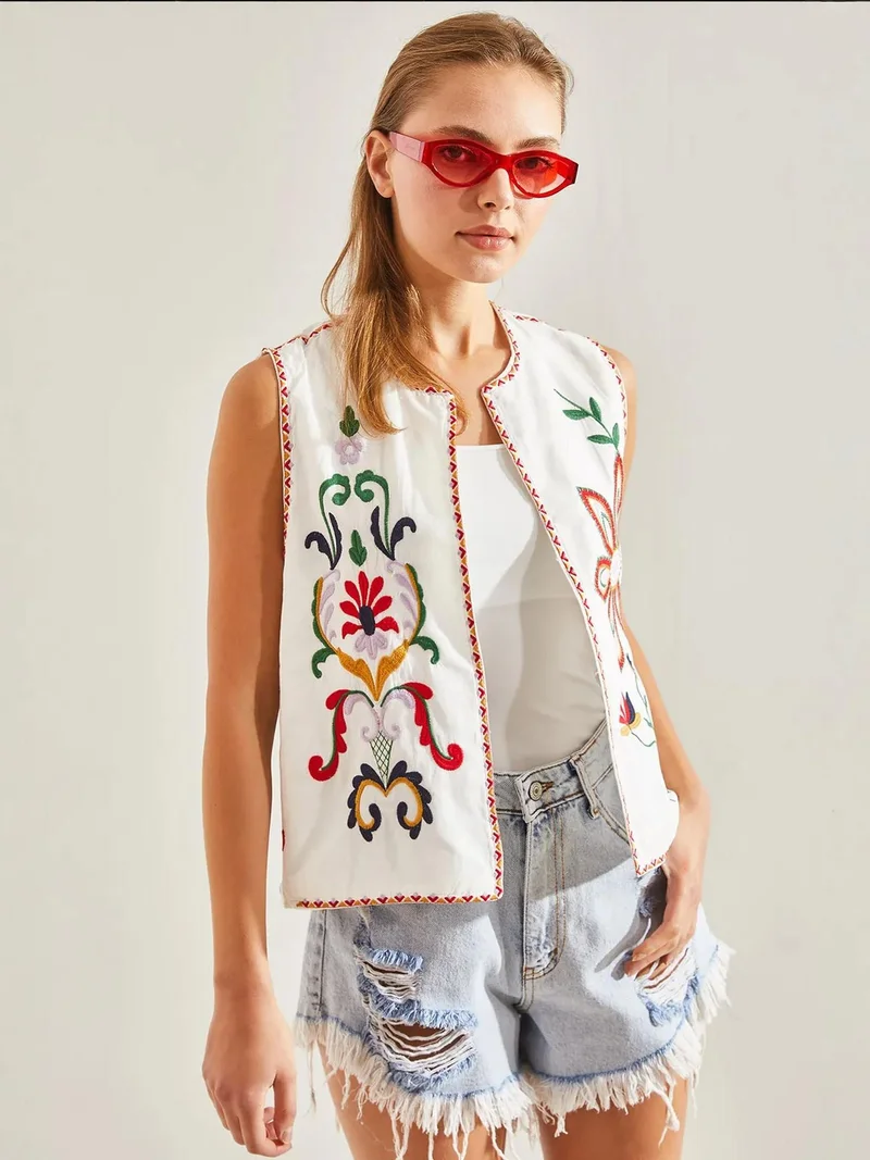 Bianco Lucci Multicolor LUCCI Embroidered Cotton-Polyester Waistcoat for Women | Best Price UAE