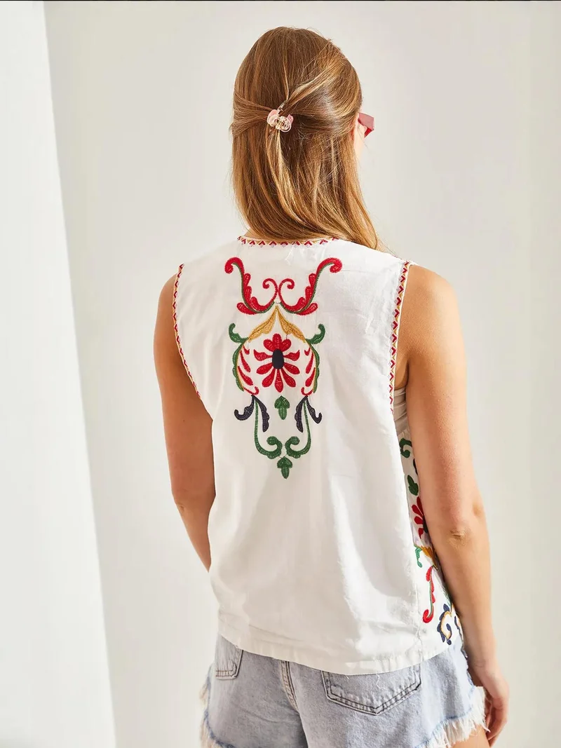 Bianco Lucci Multicolor LUCCI Embroidered Cotton-Polyester Waistcoat for Women | Best Price UAE