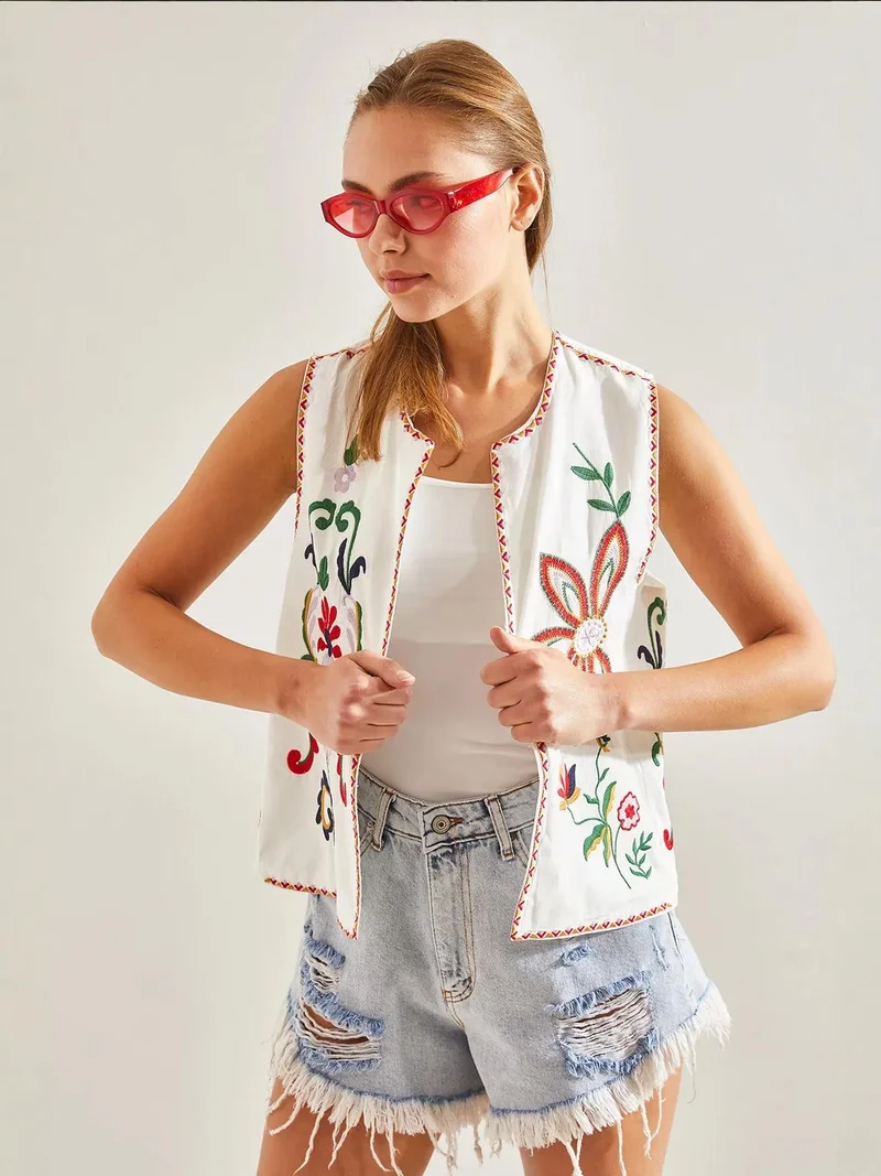 Bianco Lucci Multicolor LUCCI Embroidered Cotton-Polyester Waistcoat for Women | Best Price UAE
