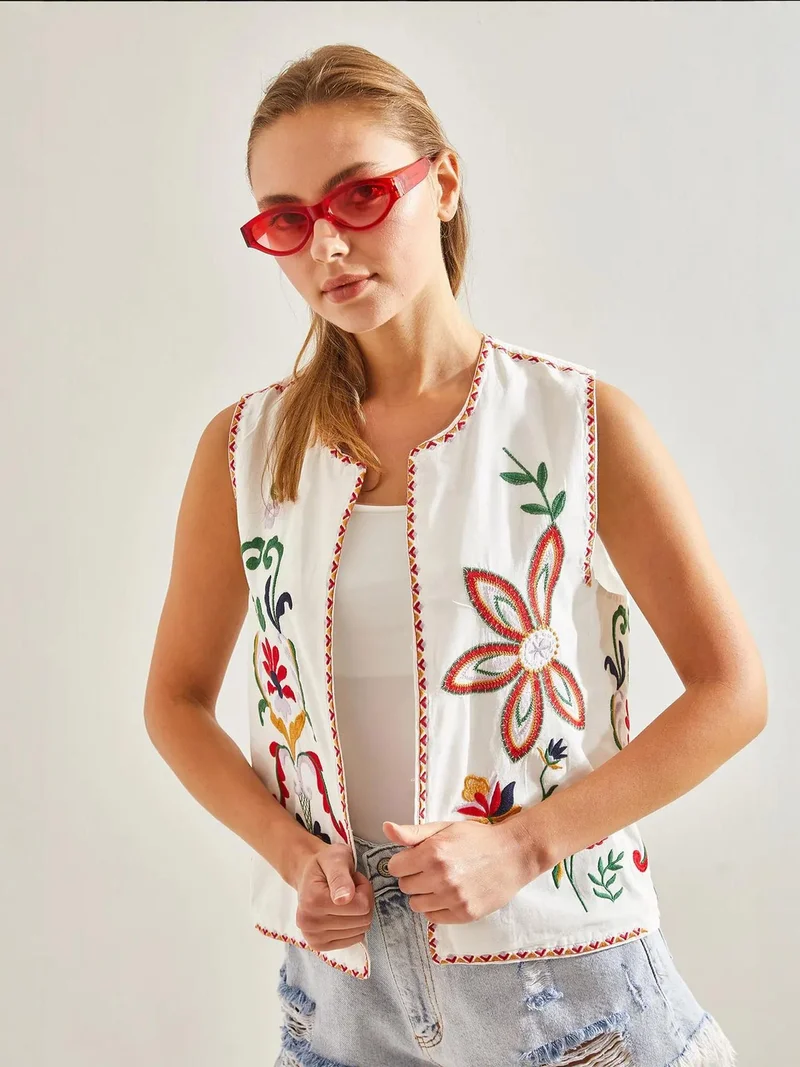 Bianco Lucci Multicolor LUCCI Embroidered Cotton-Polyester Waistcoat for Women | Best Price UAE