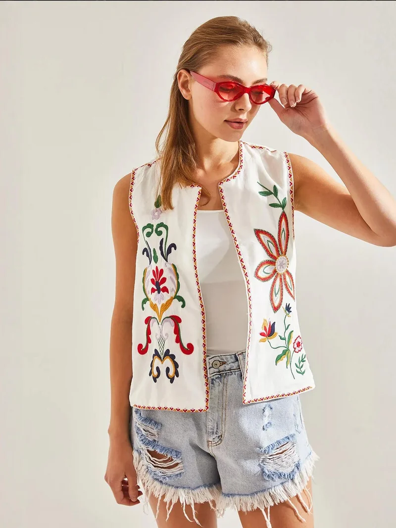 Bianco Lucci Multicolor LUCCI Embroidered Cotton-Polyester Waistcoat for Women | Best Price UAE