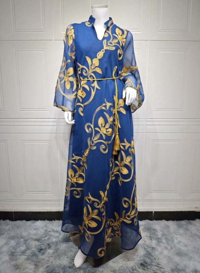 Loquat Ladies Lightweight Fabric Robe Luxury Embroidered Dress Muslim Abaya Evening Dress Blue - Image 2