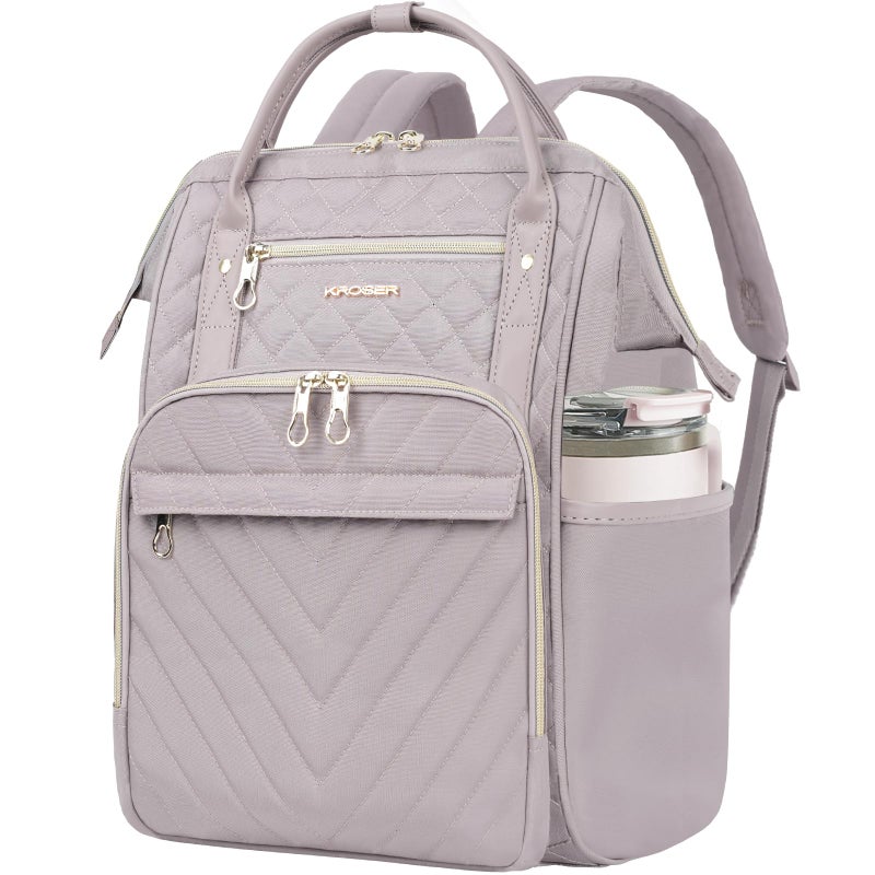 KROSER Laptop Backpack 17" Stylish Backpack Water Repellent College Casual Daypack with USB Port Travel Business Work Bag for Men/Women-Quilted Dusty Pink - Image 1