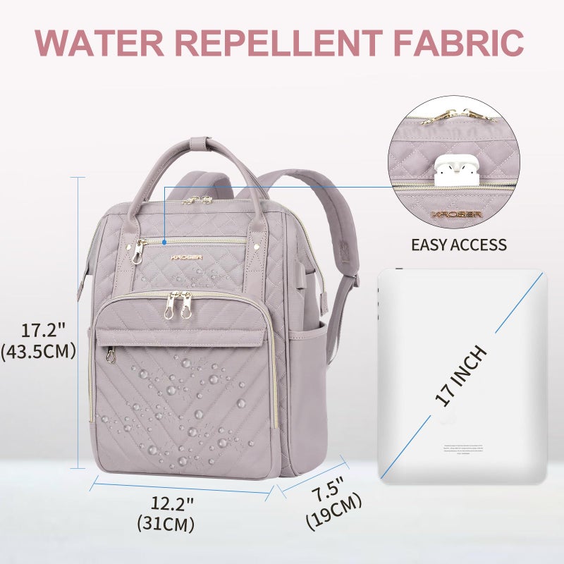 KROSER Laptop Backpack 17" Stylish Backpack Water Repellent College Casual Daypack with USB Port Travel Business Work Bag for Men/Women-Quilted Dusty Pink - Image 2