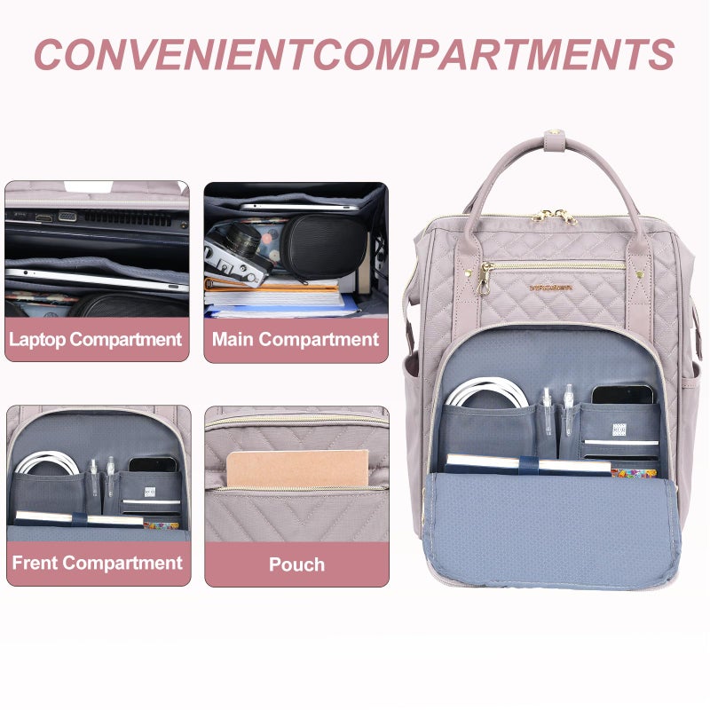 KROSER Laptop Backpack 17" Stylish Backpack Water Repellent College Casual Daypack with USB Port Travel Business Work Bag for Men/Women-Quilted Dusty Pink - Image 3