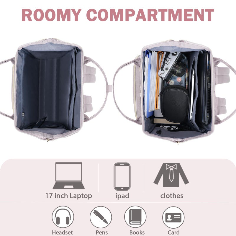 KROSER Laptop Backpack 17" Stylish Backpack Water Repellent College Casual Daypack with USB Port Travel Business Work Bag for Men/Women-Quilted Dusty Pink - Image 4
