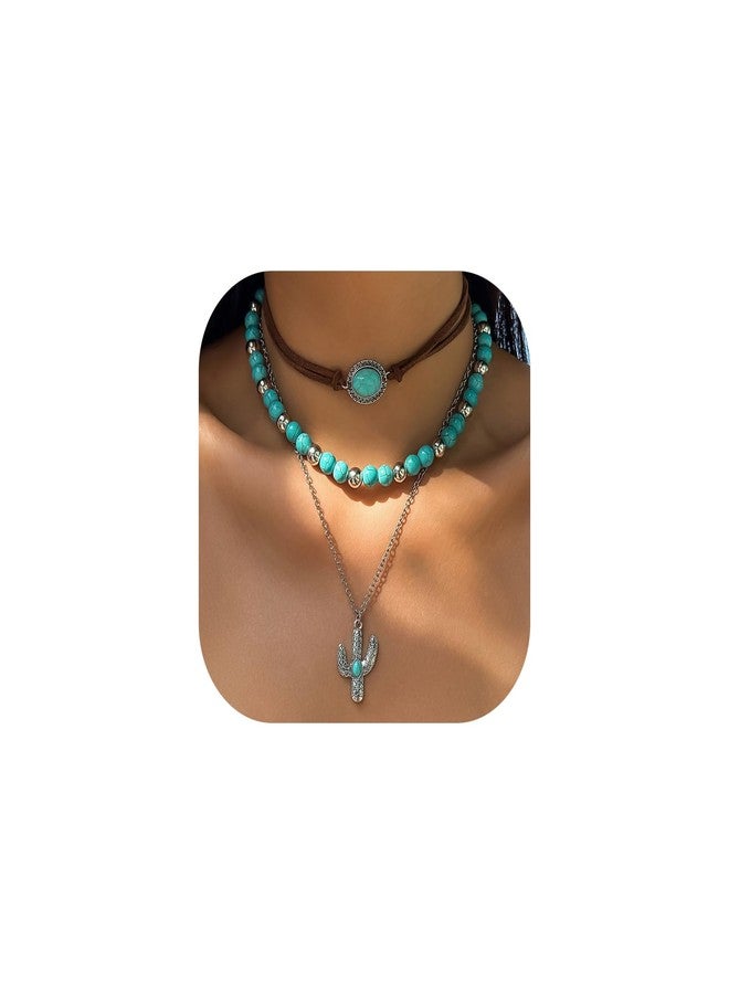 CSIYANJRY99 Layered Western Necklaces for Women Vintage Turquoise Beaded Western Jewelry for Women Ox-head Cactus Cross Chain Necklaces Country Concert Cowgirl Dresses Accessories (01) - Image 1