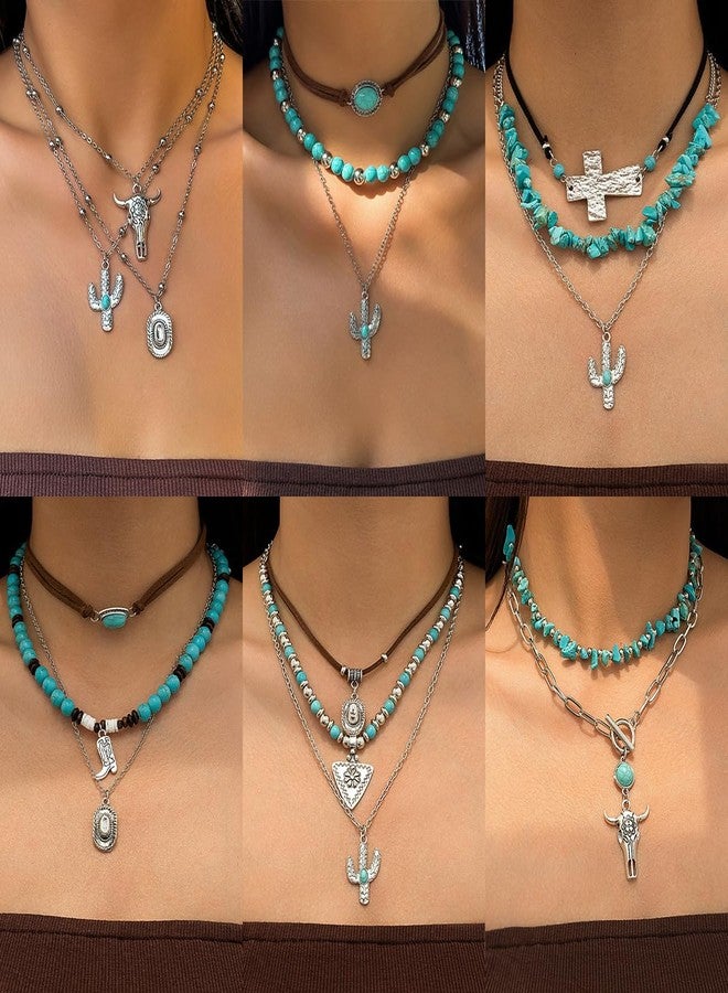 CSIYANJRY99 Layered Western Necklaces for Women Vintage Turquoise Beaded Western Jewelry for Women Ox-head Cactus Cross Chain Necklaces Country Concert Cowgirl Dresses Accessories (01) - Image 3