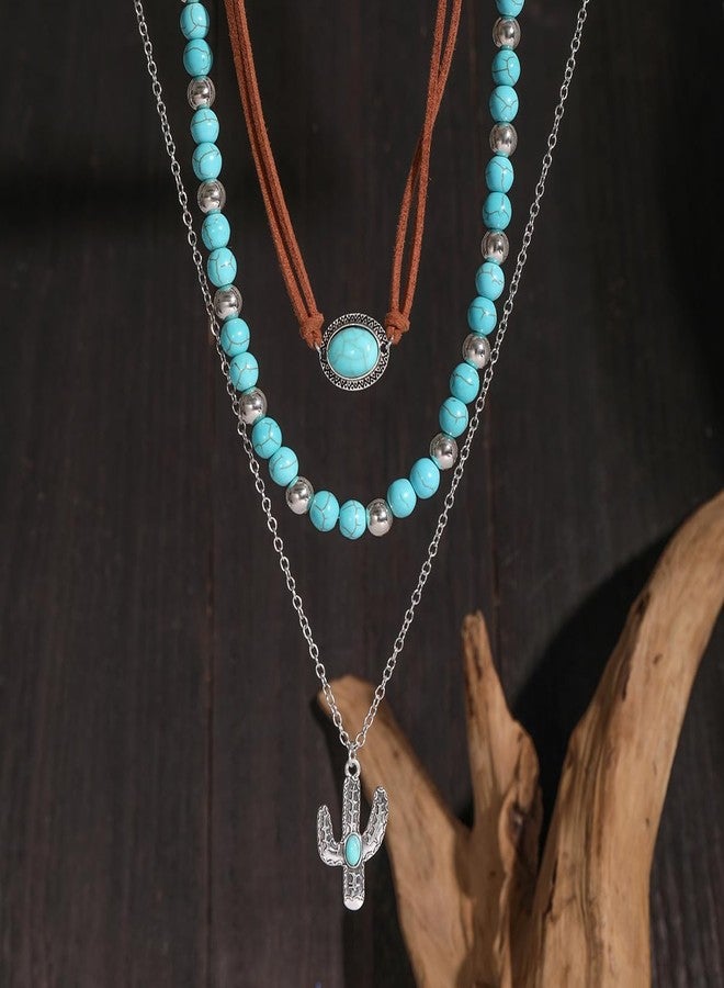 CSIYANJRY99 Layered Western Necklaces for Women Vintage Turquoise Beaded Western Jewelry for Women Ox-head Cactus Cross Chain Necklaces Country Concert Cowgirl Dresses Accessories (01) - Image 5