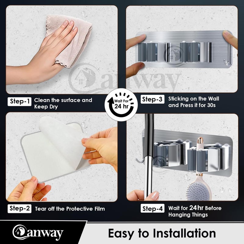 CANWAY 2 Pieces Stainless Steel 2 Racks with 1 Hook Heavy Duty Wall Mounted Broom and Mop Stick Holder Hanging Tools for Home Kitchen Garden Laundry Garage - Image 5