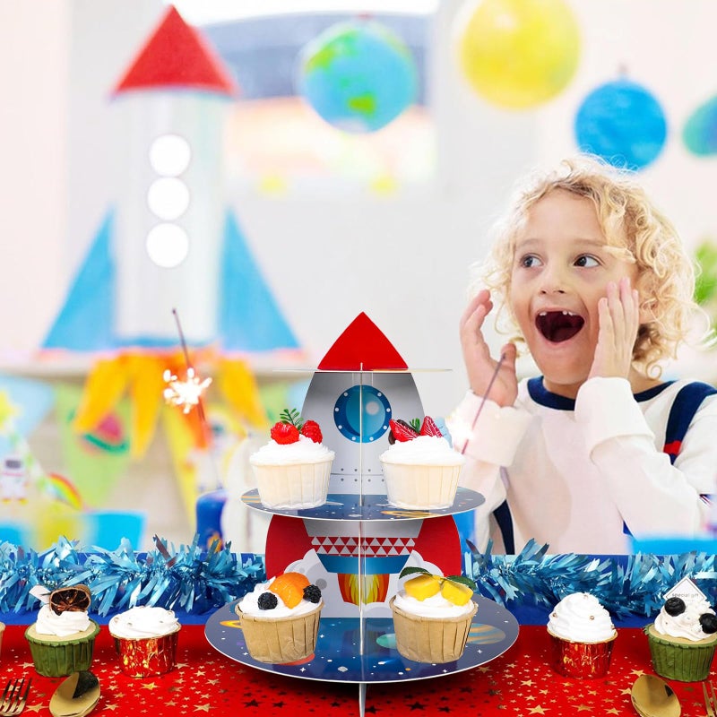 QIFU 2Pcs Space Cupcake Stand - 3 Tier Outer Space Rocket Theme Birthday Party Decorations Cardboard Cake Holder Dessert Tower for Boys Kids Galaxy Solar System Baby Shower Party Supplies Favors - Image 2