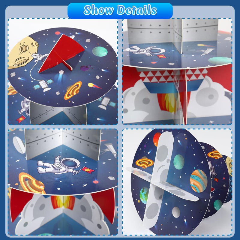 QIFU 2Pcs Space Cupcake Stand - 3 Tier Outer Space Rocket Theme Birthday Party Decorations Cardboard Cake Holder Dessert Tower for Boys Kids Galaxy Solar System Baby Shower Party Supplies Favors - Image 4