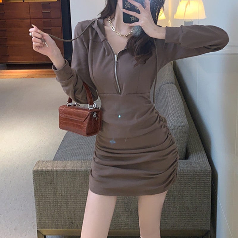 Hooded Sweatshirt Dress Slim Fit Spring Fall Womens Fashion Curry