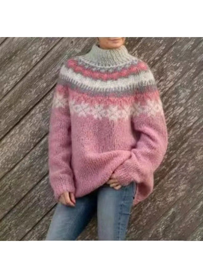 general Womens Fall Vintage Fair Isle Sweater Casual Loose Long Sleeve Crewneck Knitted Pullover Sweater Tops - Image 1