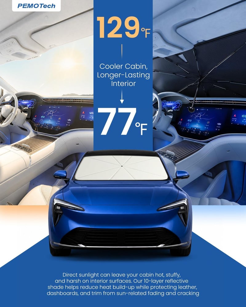 PEMOTech Car Windshield Sunshade Umbrella :5-Layer Nano UV Blocker & 10 Fiberglass Ribs | 360° Rotating Shaft & Anti-Puncture System | Auto-Folding Sun Shield for Sedan/SUV (49.2"x25.5") - Image 3
