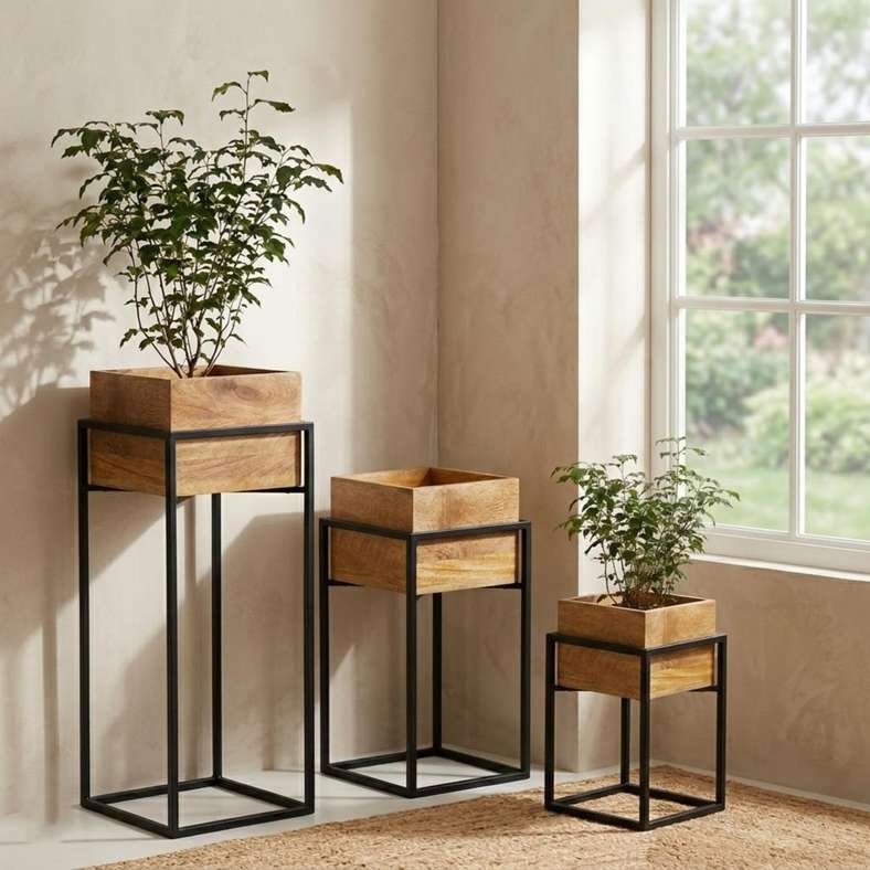 Pan Home Koa Wooden Planter With Metal Stand 30x30x58cm -Natural - 221ARX9900023 - Image 3