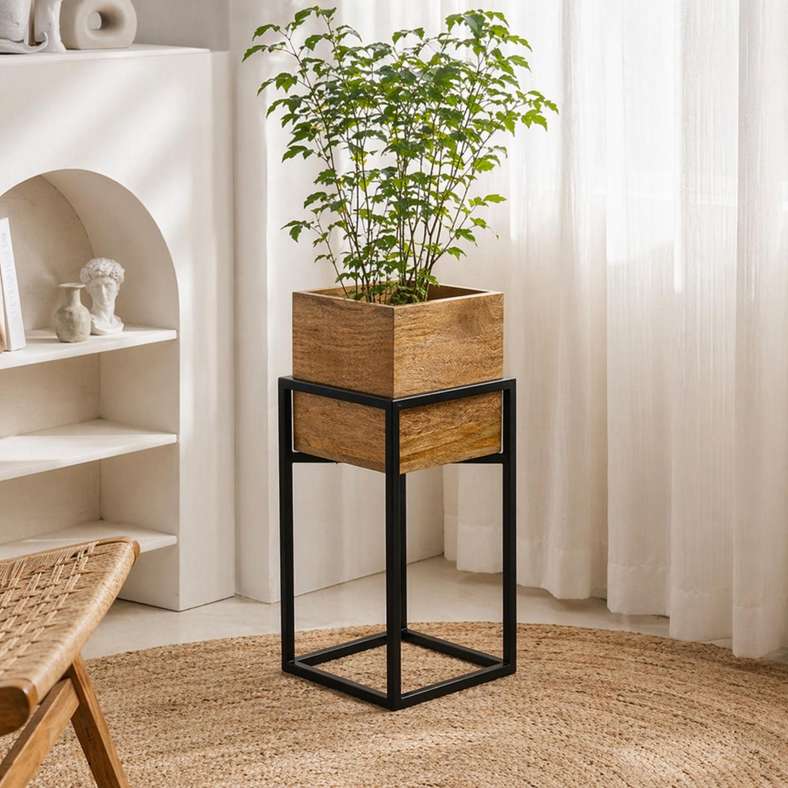 Pan Home Koa Wooden Planter With Metal Stand 30x30x58cm -Natural - 221ARX9900023 - Image 1