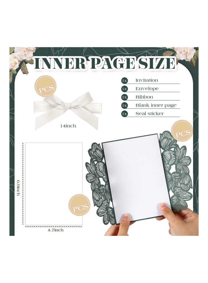 Elegant Dark Green Laser Cut Wedding Invitations with Envelopes, Lace Design, Blank Inner Sheets, Ribbons, and Stickers for Bridal Showers, Engagements, Birthdays, and Anniversaries (20 Sets) - Image 2