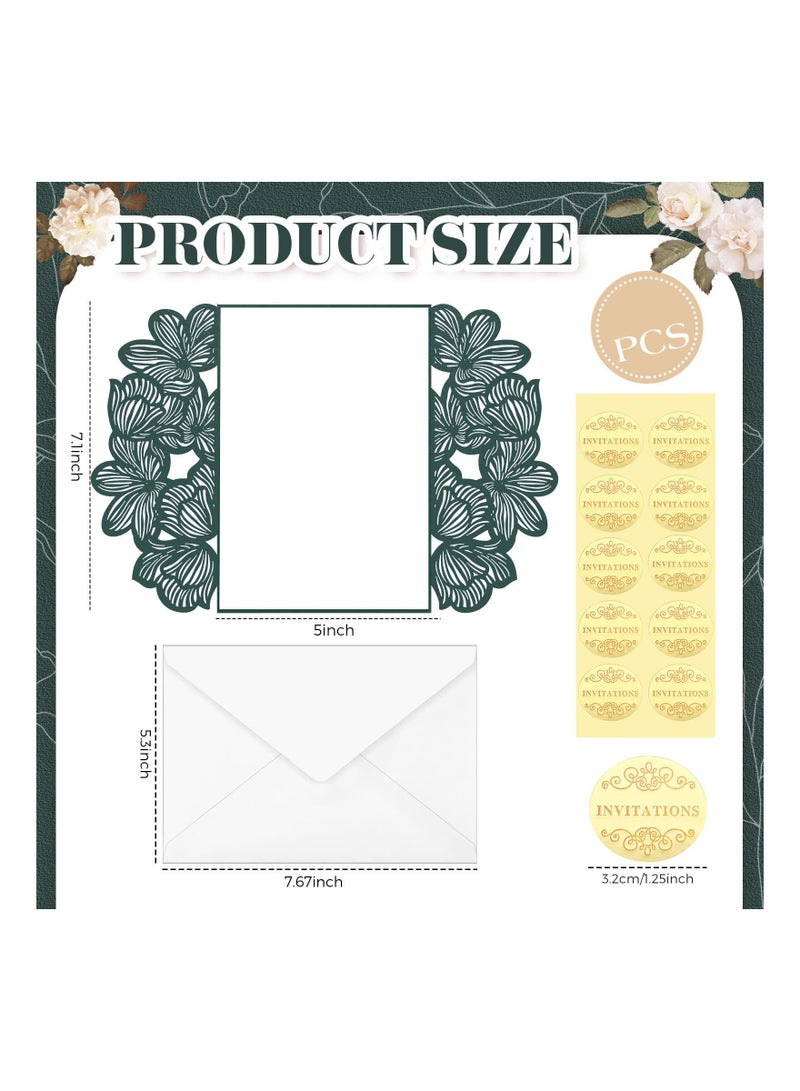 Elegant Dark Green Laser Cut Wedding Invitations with Envelopes, Lace Design, Blank Inner Sheets, Ribbons, and Stickers for Bridal Showers, Engagements, Birthdays, and Anniversaries (20 Sets) - Image 3