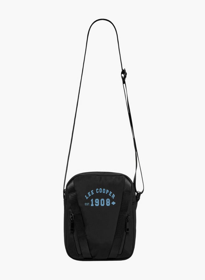 Lee Cooper Logo Print Crossbody Bag with Adjustable Strap and Zip Closure  - Image 2